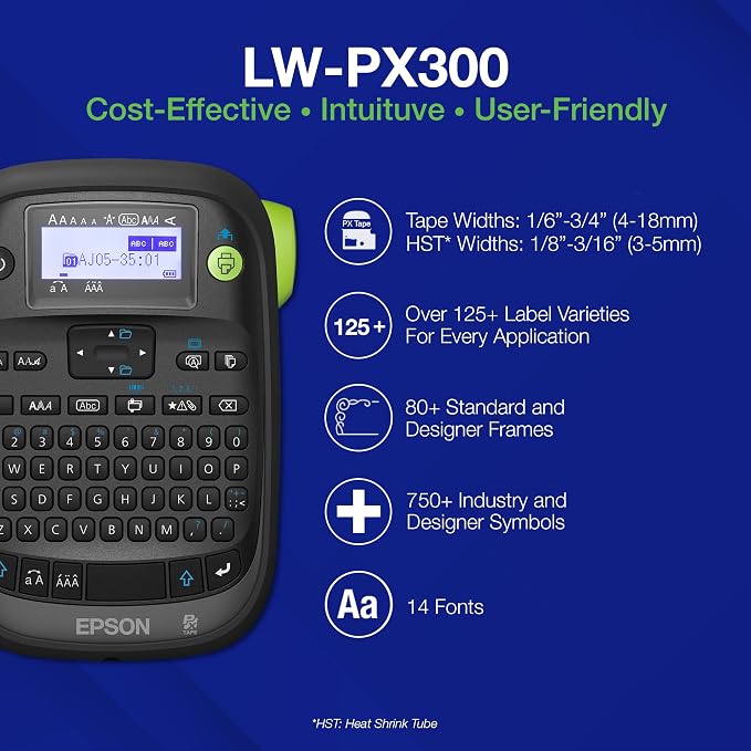 LABELWORKS Epson LW-PX300 Industrial Label Maker - Portable Handheld | Handheld industrial label printer for PET, magnetic & 203/205 shrink tube tapes, for office, electrical & datacom ID