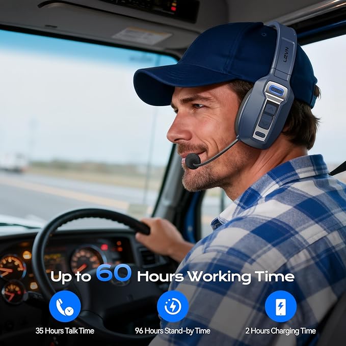 LEVN Bluetooth Headset with Microphone, Trucker Bluetooth Headset with AI Noise Cancelling & Mute Button, Wireless On-Ear Headphones 62 Hrs Working Time, for Trucker Home Office Remote Work Zoom Blue
