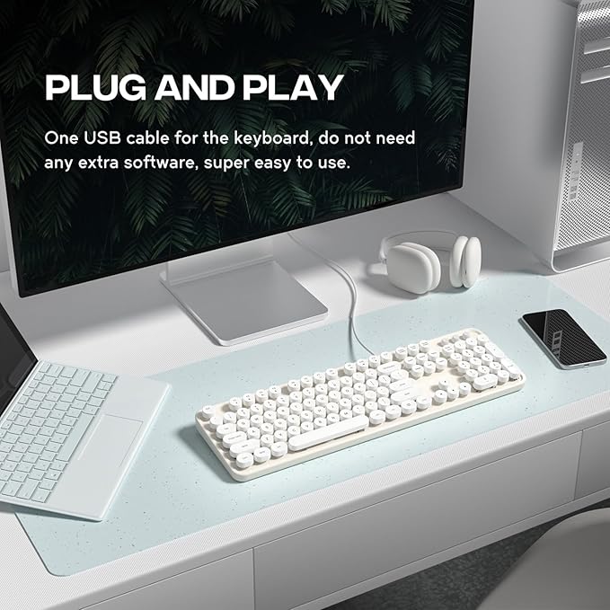 Computer Keyboard Wired, Plug and Play USB Retro Round Typewriter Keyboard, Full Size Wired Keyboard with Foldable Stands for Laptop and Office PC