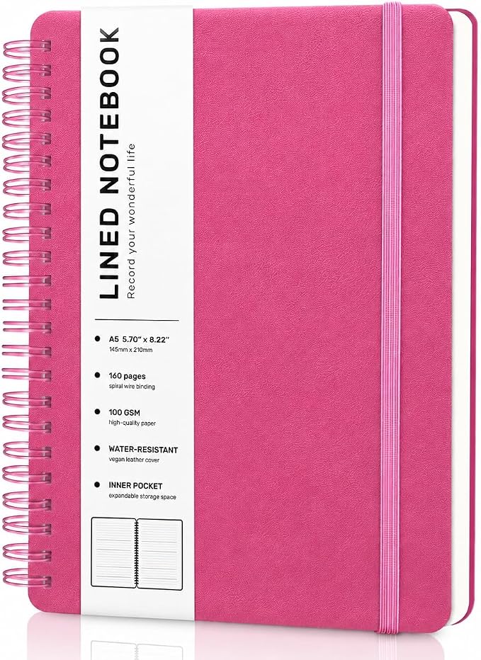 Lined Spiral Notebook for Women, A5 College Ruled Leather Spiral Journals | 160 Pages Small Journaling Notebooks, 5.7"x11" Note Book for Writing, Work, School, Men, Hardcover Leather Journals, Deeppink