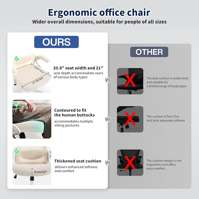 Ergonomic Office Chair Desk Chair with Adjustable Lumbar Support | Mesh Computer Chair Home Office Desk Chair with Flip-up Armrests Executive Task Chair Comfy Mesh Gaming Chair (Buff Beige)