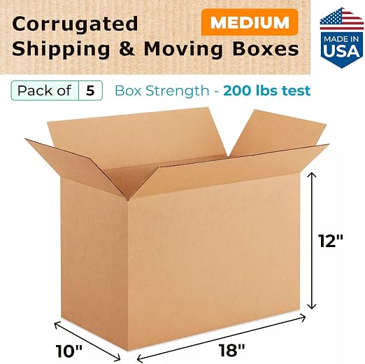Medium Shipping & Moving Boxes 18 x 10 x 12 inches (5-Pack) - Extra Strength 200 lb vs Regular - Corrugated Medium Moving Boxes - Box for Moving for USPS, UPS, FedEx - Packing Box by IDL Packaging | Extra Strength 200 lb vs Regular - Corrugated Medium ...