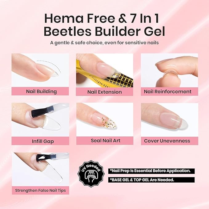 Beetles Builder Gel for Nails HEMA-Free with Nail Art Brush-7 in 1 Clear Building Gel,for Strengthening Thickening Extension Sensitive Nails,Beginner DIY UV Nail Salon at Home,Sheer Breeze