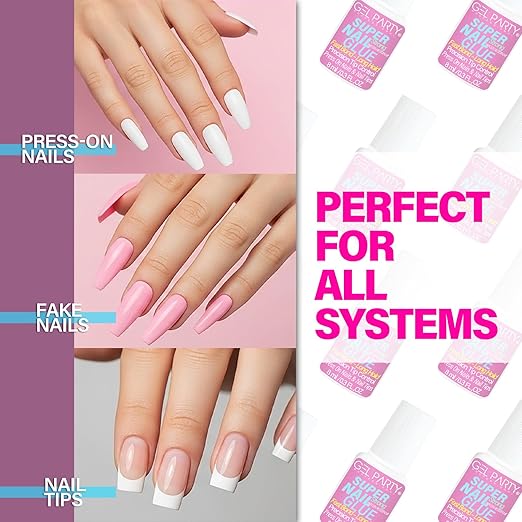 GELPARTY Super Strong Brush On Nail Glue for Press On Nails & Tips - Quick Dry Clear Acrylic Nail Adhesive (8ml) - Long Lasting Salon Bond for Fake Nails & Broken Nail Repair - Mess-Free Application