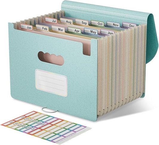 Accordion File Organizer, 12-Pocket Wheat Straw Expanding File Folder, Portable Monthly Bill & Tax Receipt Organizer, Letter/A4 Size Document Holder with Colorful Tabs-Sky Blue