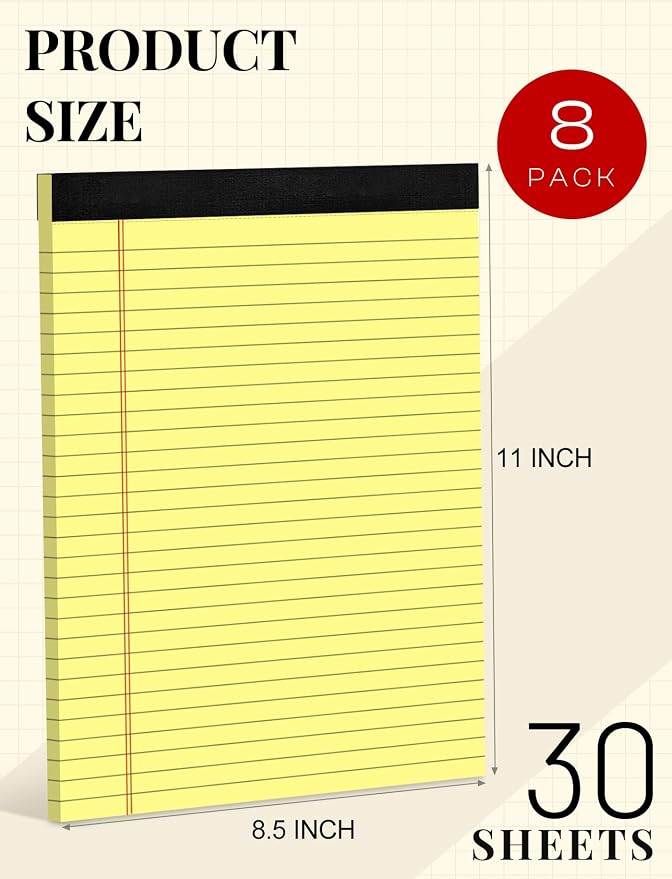8 Pack Yellow Legal Pads 8.5x11 Wide Ruled, Note Pads 8.5 x 11 Lined Paper | Writing Pads Yellow Notepads 8.5x11 Notebook Paper for Work Legal Notepads Pads of Paper 30 Sheets per Legal Pad