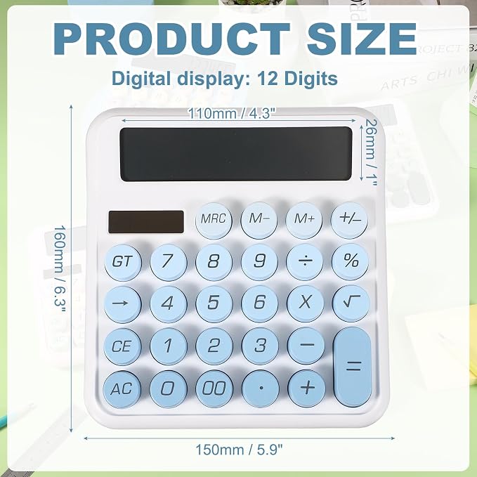 PATIKIL Cute Calculator, Desk Calculator Basic Big Button 12 Digit Large Display Mechanical AAA Battery Solar Power for Office Supplies Girl Female Woman Gift, Gradient Blue