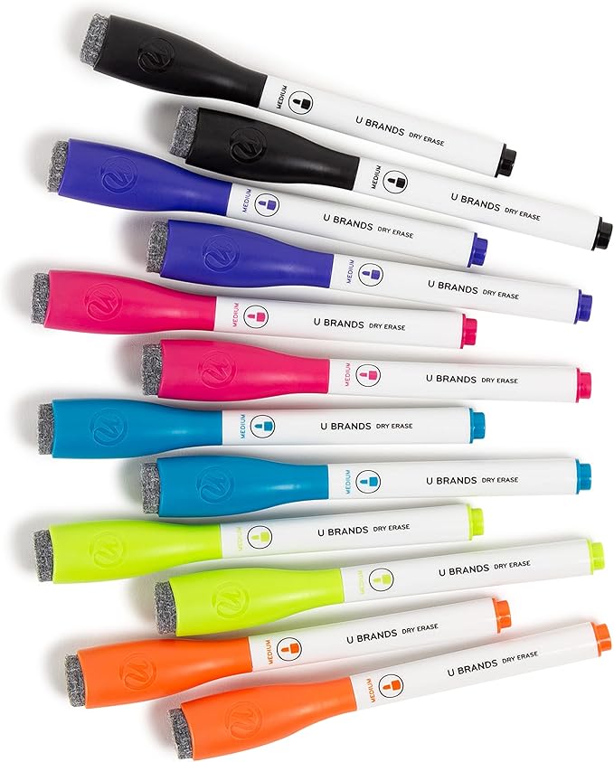 U Brands Fine Tip Dry Erase Markers with Eraser, Low Odor Whiteboard Markers Fine Tip, Assorted Bright Colors, Set of 16