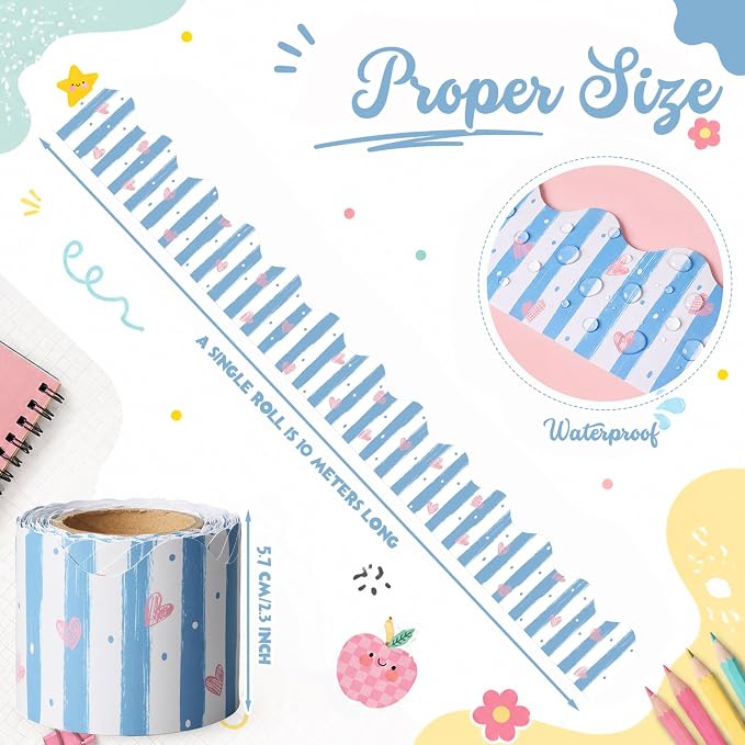 32.8 Ft Blue Stripes Bulletin Board Borders Scalloped Trim | Blue Borders with Pink Hearts and Dots Decoration, Classroom Decor, Scalloped Edge for Office Party Fiesta