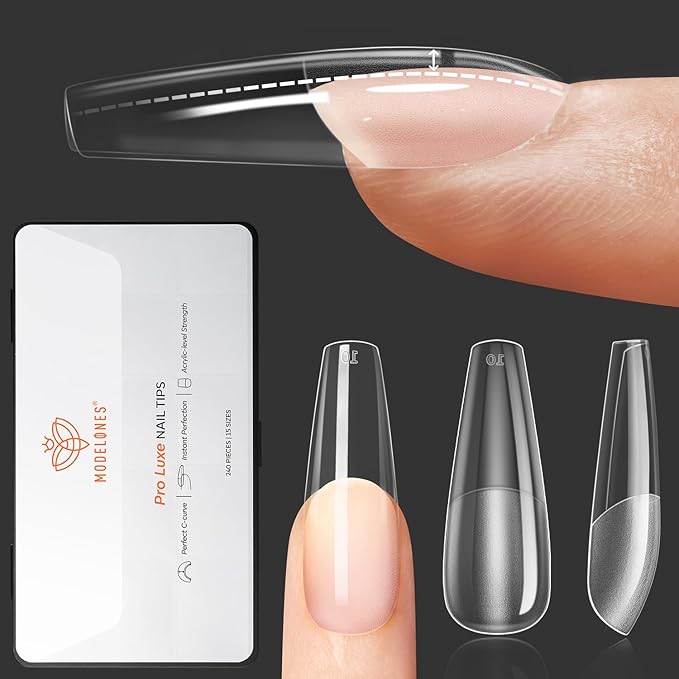modelones Pro Luxe Instant Nail Apex Tips 15 Sizes, Long Coffin Extension Gel Tips Pre-building & Pre-etched Thicker Strength Acrylic Fake Nails Full Cover 240 Pcs