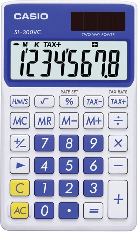 Casio SL-300VC, Solar Powered Standard Function Calculator, Blue