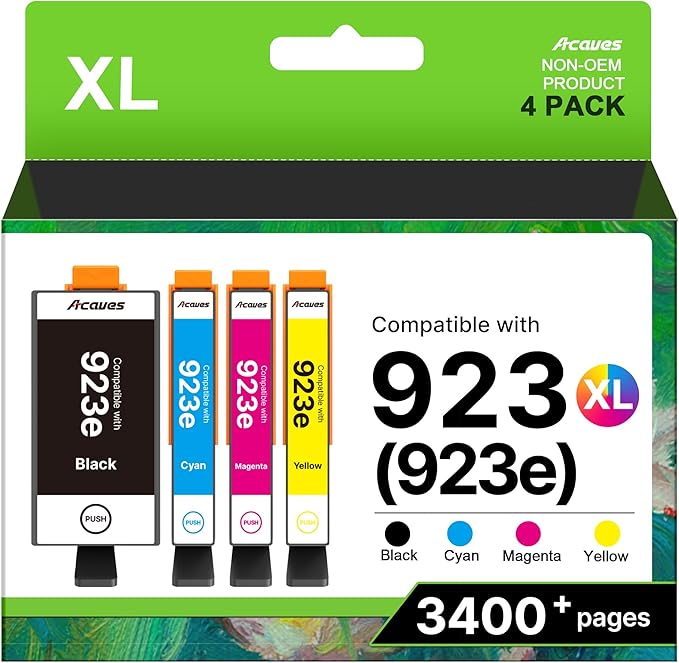 923XL Ink Cartridges for HP 923 Ink Cartridges With Chip 4-Pack 6C3Y6LN | High Yield 923e 923 Ink Cartridges for HP Printers 8125e 8135e 8124e 8130e 8132e 8122e 8120e 8138e 8139e Printers Black Color