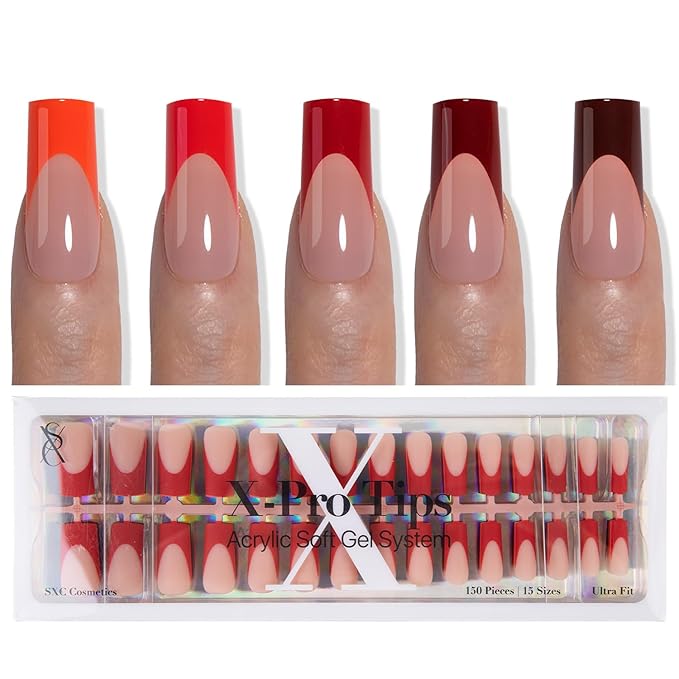 SXC Cosmetics French Tip Press On Nails 150 Pieces in 15 Sizes Ultra Fit with Pre-applied Tip Primer and Base Coat, No Need to File Fake Nails for Nail Art DIY X-Pro Tips (5RED117-M Square)
