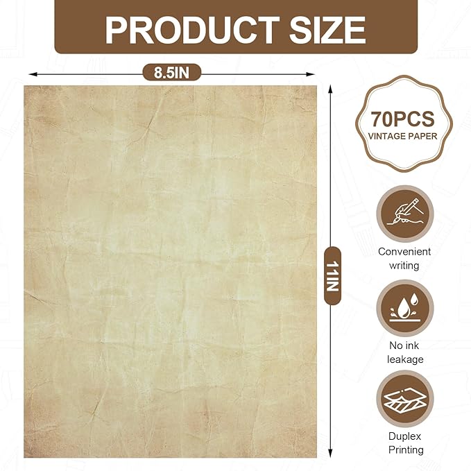 Joyberg 70PCS Vintage Paper 8.5 x 11 in Parchment Paper for Writing Letter writing paper, Decorative Printer Paper for Invitation, Letter, Resume, Award, Diploma, Art, Craft, Certificate Antique Paper