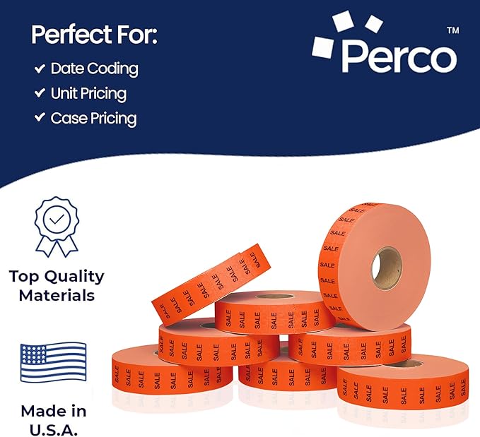 Perco Sale Fluorescent Red Pricing Labels for Monarch 1131 Price Gun - 1 Sleeve, 8 Rolls, 20,000 Price Marking Labels - with Ink Roll Included