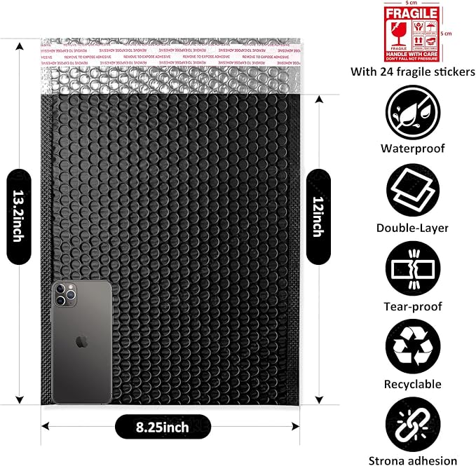 Large Bubble Mailers 12x18'' 30 Pack and 24PCS Fragile Stickers Black Thick Waterproof Padded Poly Envelopes Bubble Wrap Mailers Self Seal Shipping Bag for Small Business Shipping Envelope Mailers #5