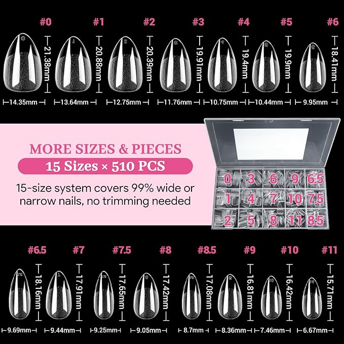 Short Water-drop False Nail Tips, 15 Sizes 510 PCS Clear Soft Press On Fake Nail Pre-shaped Half Matte Full Cover Gel Nail Tips Extensions Strong Long Lasting for DIY Beginners & Salon Manicure