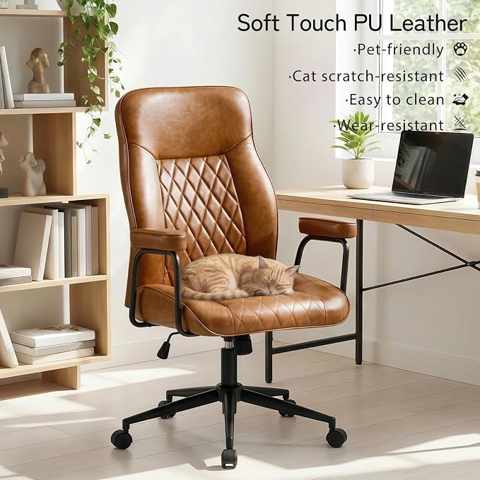 Leather Office Chair, Comfy Home Office Desk Chair, Mid Century Modern Office Chair with Lumbar Support, Mid-Back Adjustable Swivel Computer Chair with Wheels and Arms, Brown