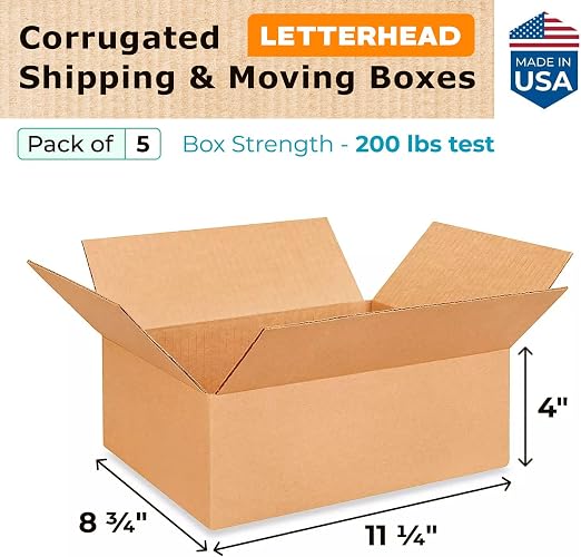 IDL Packaging 11 1/4"L x 8 3/4"W x 4"H Letterhead Cardboard Box (Pack of 5) for Moving, Shipping or Storage, Made in USA, 100% Recyclable, Brown. Packaging Boxes for USPS, UPS, FEDEX Shipping | Extra Strength 200 lb vs Regular - Corrugated Moving Boxes...
