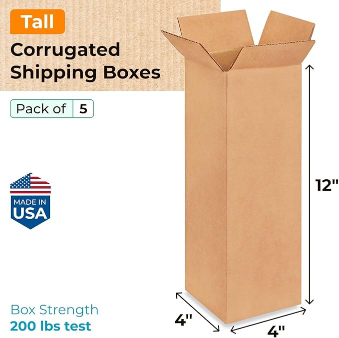 Tall Moving & Shipping Boxes 4 x 4 x 12 inches (5-Pack) - Extra Strength 200 lb vs Regular - USA-Made Corrugated Moving Boxes for USPS/UPS/FEDEX - Box for Packaging, Moving, Shipping by IDL Packaging