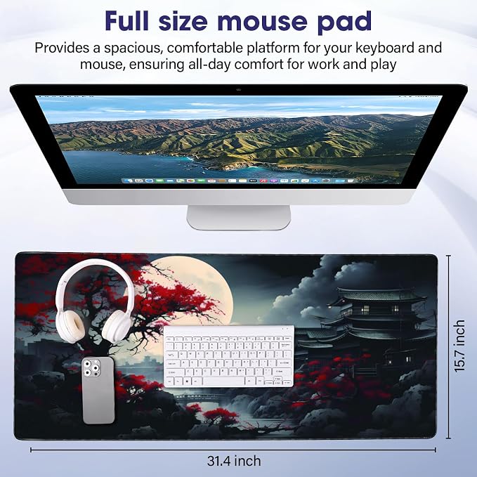 Professional Extended Gaming Mouse Pad - 31.5" x 15.7" Large Desk Mat with Stitched Edges, Waterproof Coating Non-Slip Rubber Base for Gamers Esports Pros Office Home, Moon01