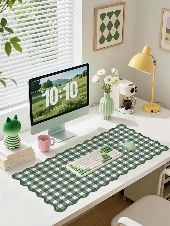 Forest Green Scalloped‌ Pink Checkered Gingham Desk Mat Cute Pastel Large Mouse Pad Kawaii Cottagecore ‌Vintage‌ Girly Laptop Keyboard Computer Mat Pad Aesthetic Cozy Office Desk Decor for Women