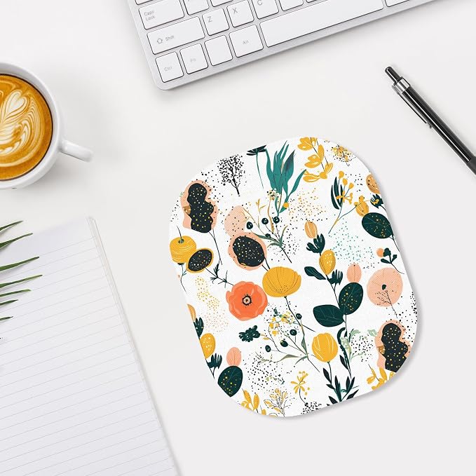 Small Mouse Pad, 6 x 7 Inch, Oval Mini Mouse Pad with Non-Slip Rubber Base for Laptop Wireless Mouse Keyboard Tray Mousepad, Flower Seamless Pattern