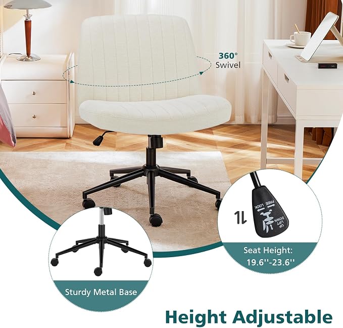 OLIXIS Criss Cross Office Chair, Vanity Chair, Home Office Desk | Wide Seat, Height Adjustable, Comfy Fabric, Armless No Wheels, Bedroom, Study Room, Beige