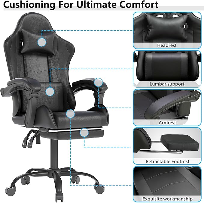 Gaming Chair with Headrest and Lumbar Support, Ergonomic High Back Office Chair, Racing Style Executive Computer Desk Chair, Leather Adjustable Swivel Task Chair for Home Office (Black)