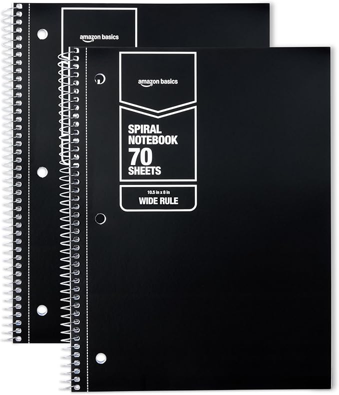 Amazon Basics Wide Ruled Spiral Notebook, For Work and School, 70 Sheets, 8" x 10.5", Black, 2 pack