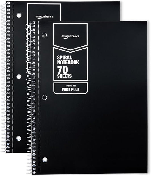 Amazon Basics Wide Ruled Spiral Notebook, For Work and School, 70 Sheets, 8" x 10.5", Black, 2 pack