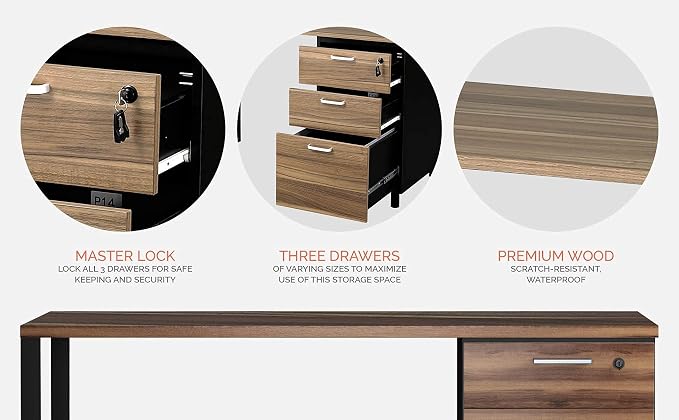 Modern Design Milano Office Computer Desk with 3 Locking Drawers, 48 Inch Walnut and Black Industrial Wood Desk with Filing Drawer and Storage By Crafts and Comfort
