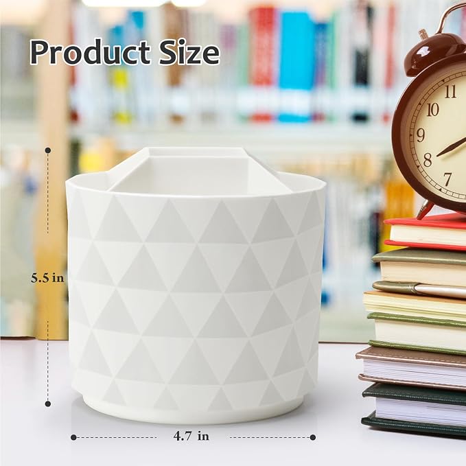 Desk Organizer, 360-Degree Rotating Pencil Pen Holders For Desk, Diamond Pattern Pen Organizer With 5 Compartments, Cute Desk Accessories Decor For Office, School,Home,Art Supply (White)