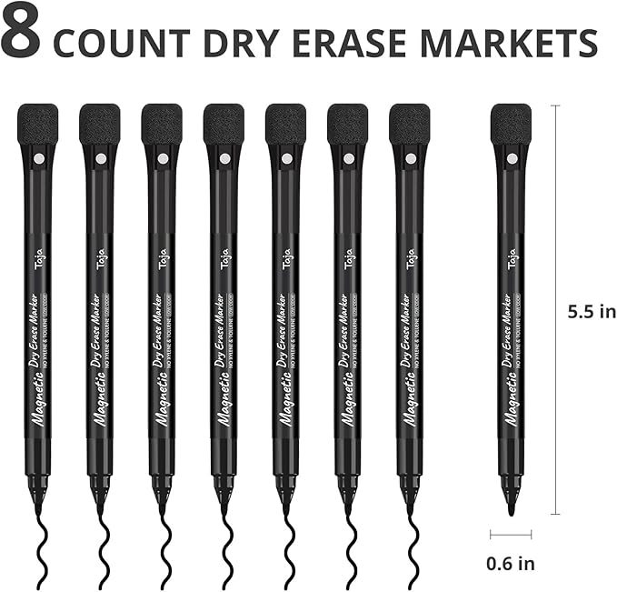 Taja Magnetic Dry Erase Whiteboard Markers, 8 Count Black Fine Tip Thin Dry Erase Markers with Eraser for Home Office School Supplies-Black