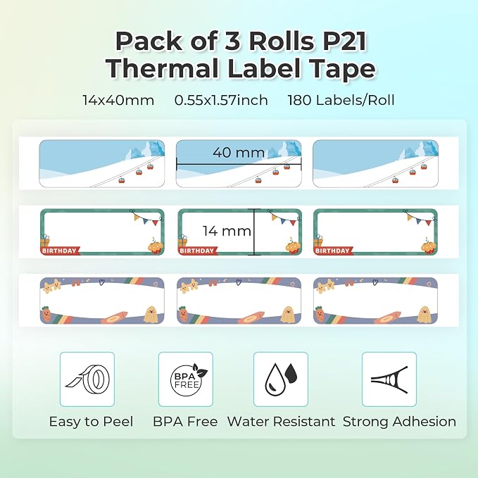 NELKO Genuine P21 Label Maker Tape,14x40mm, 3-Roll, Birthday Theme | Easy to Peel, BPA-Free, Strong Adhesion, Water-Resistant & Oil-Proof, Great for School, Office, Home, Kitchen, Black on White