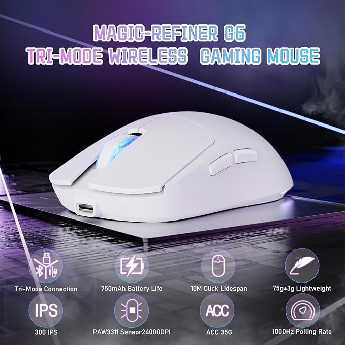 MAGIC-REFINER G6 Wireless Gaming Mouse,24000 DPI Adjustable,72g Lightweight Mouse,1000Hz Polling Rate,Tir-Mode BT/2.4G/ Wired Gaming Mouse,750mAh Battery,with Grip Tape for Gamer/Office/PC/Mac,White