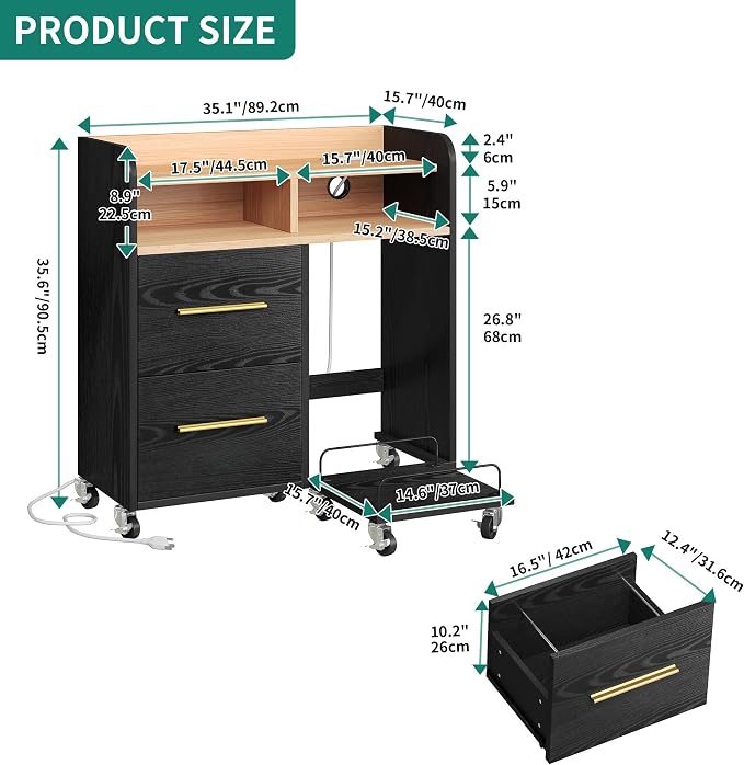 YITAHOME File Cabinet with Charging Station | Printer Table Cabinet for Home Office, Printer Stand Cart, Fits A4, Letter, Legal Size Files, Office Furniture, Black