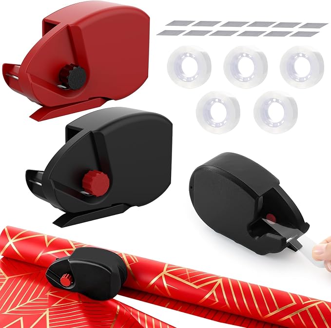 2-Pack Wrapping Paper Cutter and Tape Dispenser with 5 Tapes & 12 Blades - Fast & Safe Straight Line Cutting Tool for Gift Wrapping, Fits All Wrapping Paper Rolls (Black+Red)