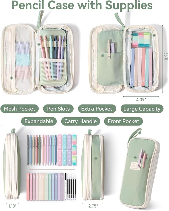 Four Candies School Supplies with Cute Pencil Case, 39ct, Green | Back to School Stationery Set, Essentials for College & Nursing Students, 5 Gel Pens, 6 Mechanical Pencils, 12 Highlighters