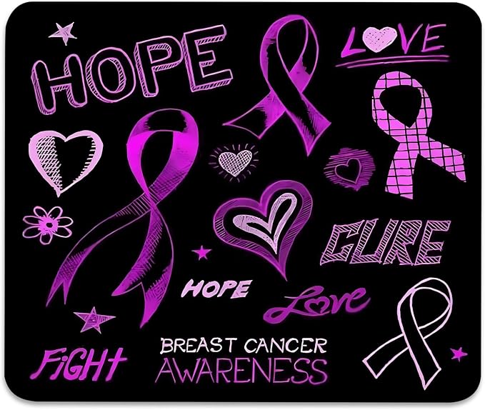 Breast Cancer Awareness Hope Love Fight Mouse Pad, Black Purple Desk Mat | Cute Mousepad Stitched, Anti-Slip Base Smooth Surface, 9.5 x 7.9 Inches