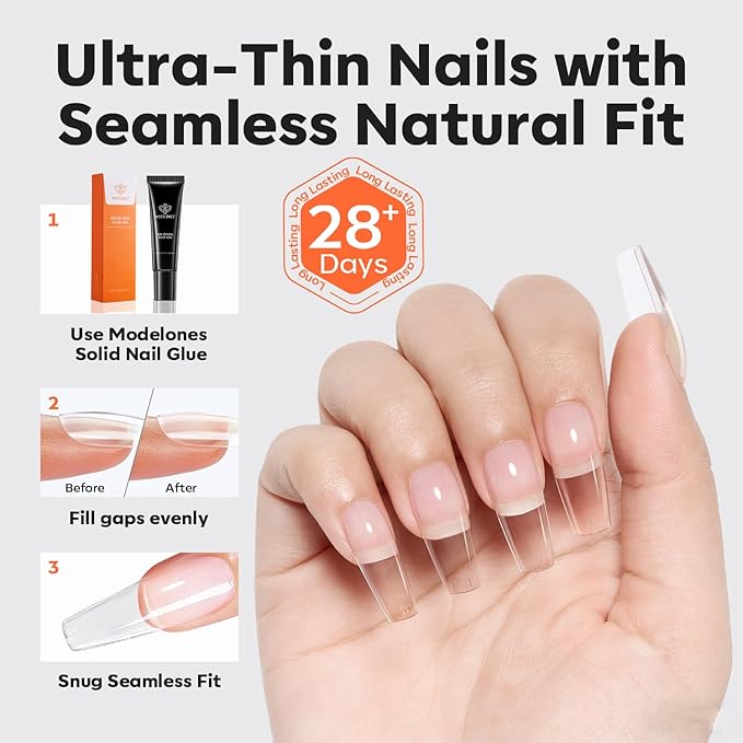 modelones Pro Luxe Instant Nail Apex Tips 15 Sizes, Medium Coffin Extension Gel Tips Pre-building & Pre-etched Thicker Strength Acrylic Fake Nails Full Cover 120 Pcs