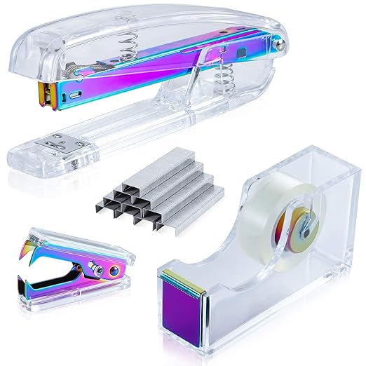Dream Color Acrylic Stapler Set,Desk Stapler,Office and Home Stapler,Students Stapler,Tape Dispenser,Stapler Remover,Free 1000pcs 26/6 Staples——Multicolor