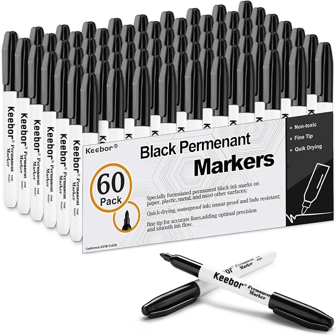 Keebor Permanent Markers Bulk, 60 Pack, Quick Drying & Fade Resistant | Fine Point Marker Set for Wood, Plastic, Paper, Metal