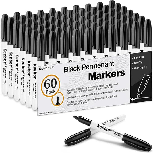 Keebor Permanent Markers Bulk, 60 Pack, Quick Drying & Fade Resistant | Fine Point Marker Set for Wood, Plastic, Paper, Metal