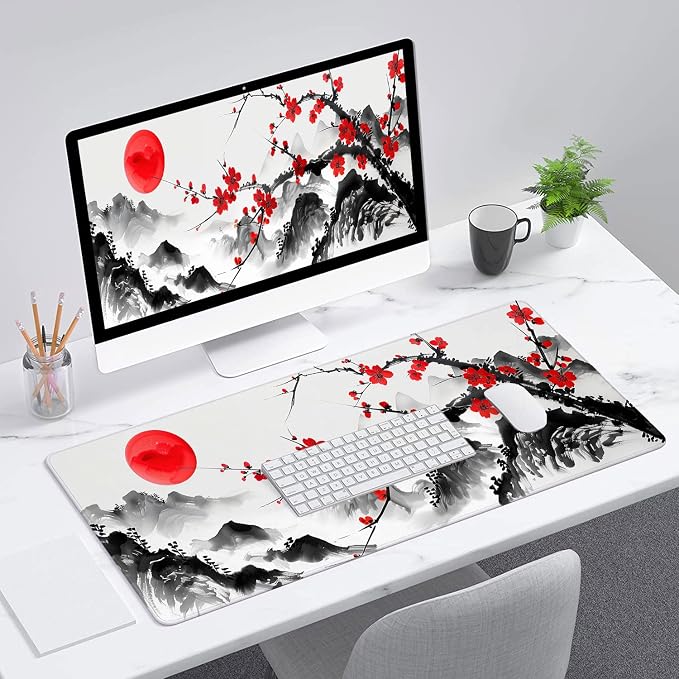 Watercolor Cherry Blossom Gaming Mouse Pad Desk Pad Ink Landscape XL Mouse Pad Large Mousepad Extended Laptop Keyboard Mat Gaming Desk Pad Mouse Mat Office Computer Keyboard Laptop Home 31.5"x11.8"