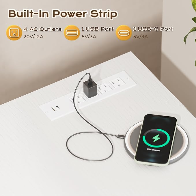 47 X 24 Inch Deeper Desk with Power Outlets | Computer Desk for Bedroom, Office Desk for Work from Home, Writing Study Gaming Table, Stable Metal Frame, White