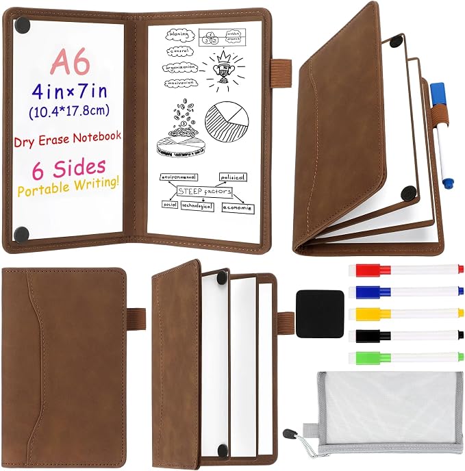 Feifeiya 6 Sides Dry Erase Notebook, Brown, A6 9" X 1.2" | Portable Reusable Whiteboard Notepad 6 Side Foldable Dry Erase White Board for Planner Office Study Business Meeting Supplies