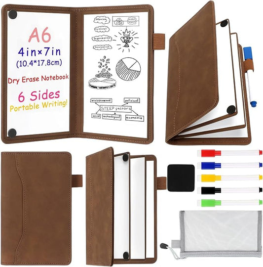 Feifeiya 6 Sides Dry Erase Notebook, Brown, A6 9" X 1.2" | Portable Reusable Whiteboard Notepad 6 Side Foldable Dry Erase White Board for Planner Office Study Business Meeting Supplies