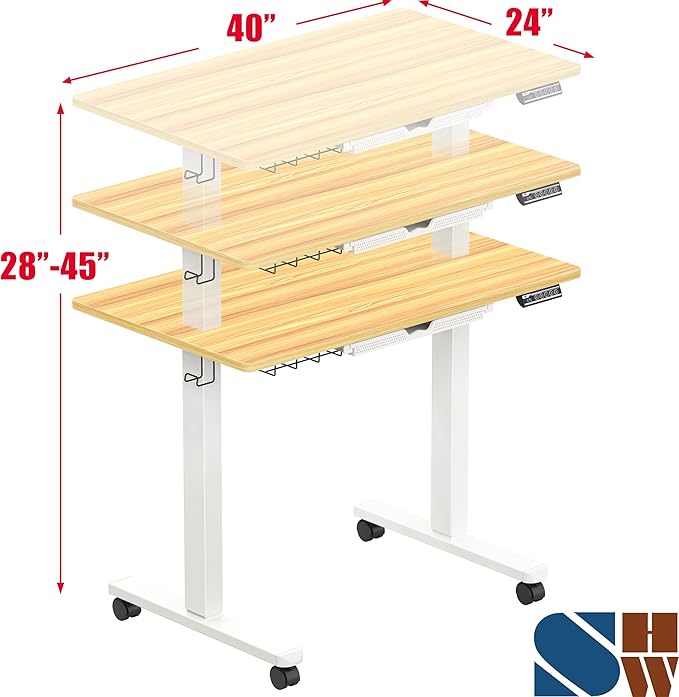 SHW 40-Inch Mobile Electric Height Adjustable Sit to Stand Desk with Drawer, Hanging Hooks and Cable Management, Oak