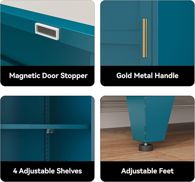 COFaR 67" Metal Narrow Storage Cabinet, Peacock Blue Slim Storage Cabinet with Magnetic Door & 4 Adjustable Shelves, Slim Freestanding Cupboard for Bathroom, Kitchen